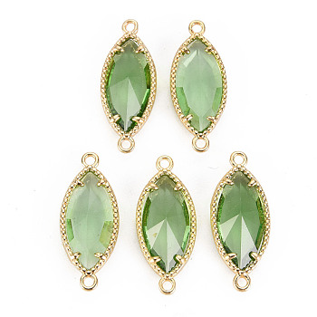Glass Links Connectors, with Light Gold Tone Brass Findings, Faceted Horse Eye, Light Green, 21x9x4mm, Hole: 1.2mm