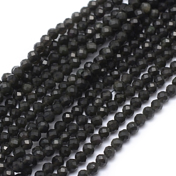 Natural Obsidian Beads Strand, Faceted, Round, 4mm, Hole: 1mm, about 95pcs/strand, 15.35 inch(39cm)