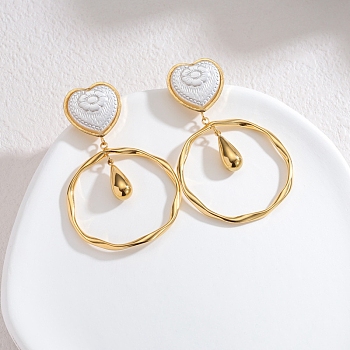 304 Stainless Steel Dangle Stud Earrings, with ABS Imitation Pearl, Real 18K Gold Plated, Heart, 63x41mm