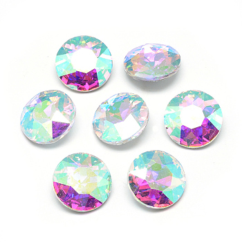 Pointed Back Glass Rhinestone Cabochons, Back Plated, Faceted, Flat Round, Clear AB, 16x7.2mm