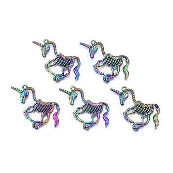 Rainbow Color Alloy Pendants, Cadmium Free & Lead Free, Unicorn, 23.5x42x3mm, Hole: 1.6mm
