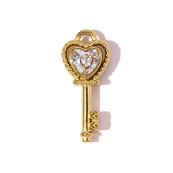 304 Stainless Steel Micro Pave Cubic Zirconia Pendants, Key Charms, Ion Plating(IP) Hand Polished, Real 18K Gold Plated, Clear, 18x7mm