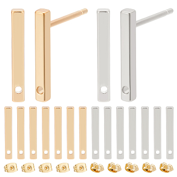 20Pcs 2 Styles Brass Rectangle Stud Earring Findings, with Holes & 20Pcs Friction Ear Nuts, Real Gold Plated & Real Platinum Plated, 12.5x1.5x1.5mm, Hole: 0.8mm, Pin: 0.7~0.8mm, 10Pcs/style