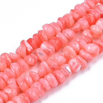 Natural Sea Shell Beads Strands, Dyed, Chips, Salmon, 6~18.5x5~10x2.5~7mm, Hole: 0.5~0.7mm, about 97~105pcs/strand, 15.55 inch~15.98 inch(39.5cm~40.6cm)