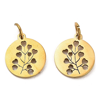 304 Stainless Steel Charms, with Jump Ring, Flat Round Charm, Laser Cut, Golden, Branch, 13.5x11.5x1mm, Hole: 3.4mm