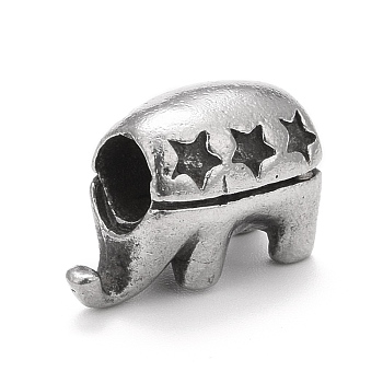 304 Stainless Steel European Beads, Large Hole Beads, Elephant with Star, Antique Silver, 11x8.5x16mm, Hole: 4.6mm