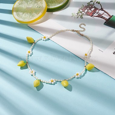 Resin Lemon Pendant Necklace with Glass Beaded Flower Chains for Women(NJEW-TA00057)-2