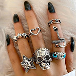 Retro Alloy and Resin Rings Set, Include Finger Rings/Cuff Rings, Skull/Starfish/Heart/Owl, Antique Silver, Inner Diameter: 15~19mm(FS-WGC6EFE-01)