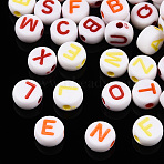 Craft Style Acrylic Beads, Flat Round with Alphabet, Mixed Color, 7x3.5mm, Hole: 1.6mm, about 3450pcs/500g(MACR-N017-01)