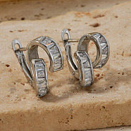 Chic Twisted Geometric Brass Hoop Earrings, with Shiny Rhinestone, Simple and Fashionable, Silver, 18x10mm(UU5614-1)