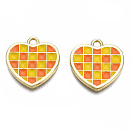 Rack Plating Alloy Checkerboard Pendants, with Enamel, Cadmium Free & Lead Free, Light Gold, Heart with Grid Pattern, Coral, 18.5x18x2mm, Hole: 2mm(PALLOY-S132-257D-RS)