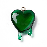 Transparent Resin Pendants, with Light Gold Iron Loops, Melting Heart Charms, Green, 30~30.5x21~21.5x7mm, Hole: 1.6mm(RESI-F028-01D)