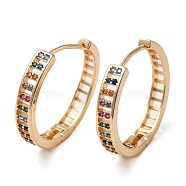 Brass Micro Pave Colorful Cubic Zirconia Hoop Earrings for Women, Hollow Rectangle, Light Gold, 26x4.5mm(EJEW-M238-26KCG)