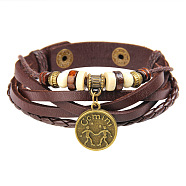 12 Constellation Snap Bracelets, Leather Cord with Brass Findings, Flat Round, Gemini, 8-5/8 inch(22cm)(BJEW-P240-A09)