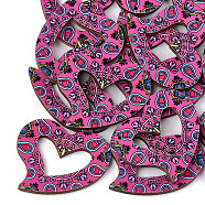 Printed Basswood Pendants, Back Random Color, Heart, Hot Pink, 33.5x39.5x3mm, Hole: 1.4mm(WOOD-S045-012A)