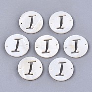 Natural Freshwater Shell Links Connectors, Flat Round with Letter, Letter.I, 14.5x1.5mm, Hole: 0.9mm(SHEL-S276-120I)