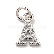 Initial Letter Brass with Cubic Zirconia Charms, Platinum, Long-Lasting Plated, Lead Free & Cadmium Free, Letter A, 10.5x7.5x1.5mmmm, ring: 5x1mm, inner diameter: 3mm(KK-Q814-26A-P)
