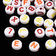 Craft Style Acrylic Beads, Flat Round with Alphabet, Mixed Color, 7x3.5mm, Hole: 1.6mm, about 3450pcs/500g(MACR-N017-01)
