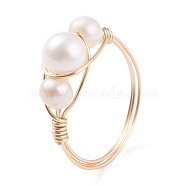 Copper Wire Wrapped Natural Cultured Freshwater Pearl Braided Bead Rings for Women, Light Gold, US Size 8 1/2(18.5mm), 2mm(RJEW-JR00434)