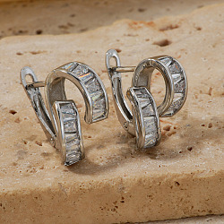 Chic Twisted Geometric Brass Hoop Earrings, with Shiny Rhinestone, Simple and Fashionable, Silver, 18x10mm(UU5614-1)