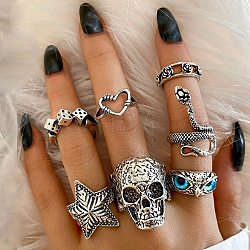 Retro Alloy and Resin Rings Set, Include Finger Rings/Cuff Rings, Skull/Starfish/Heart/Owl, Antique Silver, Inner Diameter: 15~19mm(FS-WGC6EFE-01)