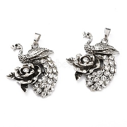 Alloy Rhinestone Big Pendant, Peacock with Flower, Crystal, Antique Silver, 54.5x46x9mm, Hole: 6x9mm(PALLOY-P237-01AS)