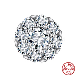 Rhodium Plated 925 Sterling Silver Beads, with Clear Cubic Zirconia, Flat Round, Real Platinum Plated, 11x6mm, Hole: 1.2mm(STER-L064-11P)