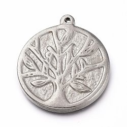 304 Stainless Steel Pendants, Flat Round with Tree of Life, Stainless Steel Color, 28x24.5x3mm, Hole: 1.2mm(STAS-Z014-05P)