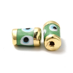 Handmade Evil Eye Lampwork Beads, with Light Gold Tone Brass Findings, Long-Lasting Plated, Lead Free and Cadimum Free, Column, Light Green, 14.5~15x9~9.5mm, Hole: 1.8mm(LAMP-M012-01LG-D)