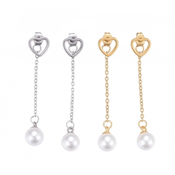 304 Stainless Steel Chain Tassel Earrings, with Ear Nuts and Acrylic Imitation Pearl Beads, Round & Heart, Mixed Color, 52mm, Pin: 0.7mm