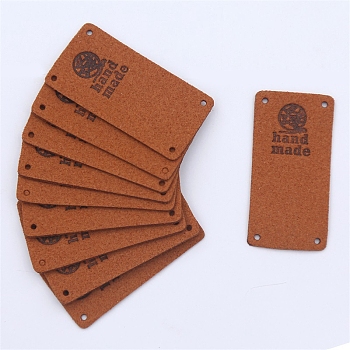 Microfiber Leather Labels, Handmade Embossed Tag, with Holes, for DIY Jeans, Bags, Shoes, Hat Accessories, Rectangle with Word, Saddle Brown, 30x25mm