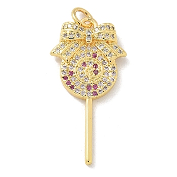 Brass Micro Pave Cubic Zirconia Pendants, Lollipop with Bowknot Charms, with Jump Ring, Real 18K Gold Plated, 29.5x15x4mm, Hole: 3.5mm