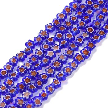 Handmade Millefiori Glass Bead Strands, Flower, Medium Blue, 5.5~8x2.5mm, Hole: 1mm, about 64~67pcs/strand, 15.75 inch~16.34 inch(40~41.5cm)