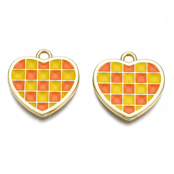 Rack Plating Alloy Checkerboard Pendants, with Enamel, Cadmium Free & Lead Free, Light Gold, Heart with Grid Pattern, Coral, 18.5x18x2mm, Hole: 2mm