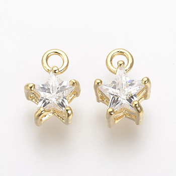 Brass Cubic Zirconia Charms, Nickel Free, Real 18K Gold Plated, Star, 10x7.5x5mm, Hole: 1.5mm