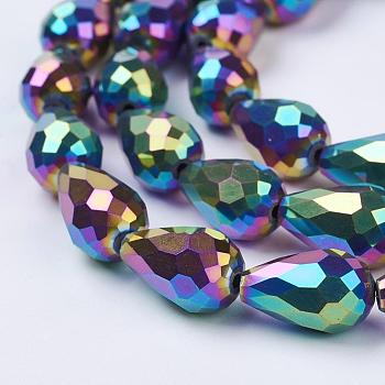 Electroplate Glass Beads Strands, Faceted, teardrop, Multi-color Plated, 15x10mm, Hole: 1mm, about 50pcs/strand, 27.1 inch
