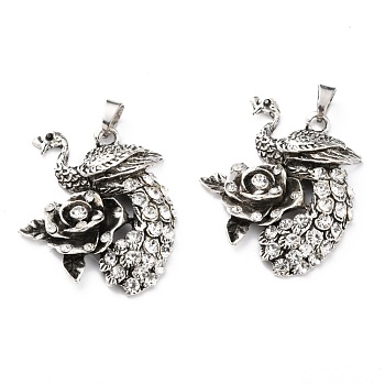 Alloy Rhinestone Big Pendant, Peacock with Flower, Crystal, Antique Silver, 54.5x46x9mm, Hole: 6x9mm