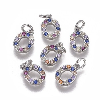 Brass Micro Pave Cubic Zirconia Charms, Letter, Colorful, Platinum, Letter.O, 9x6x1.7mm, Hole: 2mm