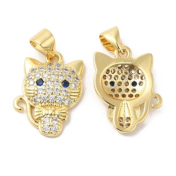 Brass Micro Pave Clear & Blue Cubic Zirconia Pendants, Cat Shape Charms, Real 16K Gold Plated, 17.5x12.5x3mm, Hole: 5x3.5mm