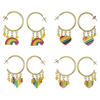 Rainbow Pride Flag Alloy Enamel Dangle Stud Earrings, Natural Agate Beads Drop Half Hoop Earrings, Mixed Shapes, 46~50x26.5mm