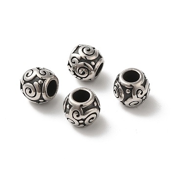 304 Stainless Steel European Beads, Large Hole Beads, Barrel with Vortex, Antique Silver, 11.5x10mm, Hole: 5mm