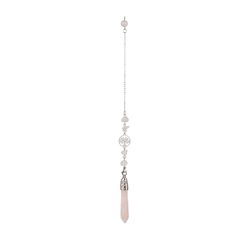 Natural Rose Quartz Pointed Dowsing Pendulums, with Stainless Steel Tree of Life & Lobster Claw Clasp, Faceted Bullet Charm, 257mm