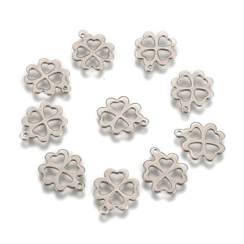 304 Stainless Steel Four Leaf Clover Charms Pendants, Stainless Steel Color, 15x13x1mm, Hole: 1mm