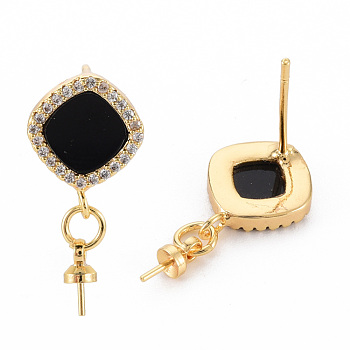 Brass Micro Pave Clear Cubic Zirconia Stud Earring Findings, for Half Drilled Bead, Nickel Free, with Enamel, Real 18K Gold Plated, Rhombus, Black, 20x12mm, Pin: 0.7mm, Pin: 0.7mm(for half drilled beads)