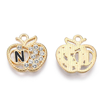 Alloy Enamel Pendants, with Crystal Rhinestone, Cadmium Free & Lead Free, Apple with Initial Letter, Light Gold, Letter.N, 16.5x16x2mm, Hole: 1.8mm