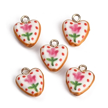 Handmade Porcelain with Brass Pendants, Heart with Tulip Charms, Hand Painted, Famille Rose Porcelain, Golden, Deep Pink, 16.5~19x15.5x7mm, Hole: 2.5~3mm