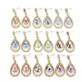 Teardrop with Porcelain Rack Plating Alloy Dangle Stud Earrings, with 925 Sterling Silver Pins, Long-Lasting Plated, Golden, Cadmium Free & Lead Free, Mixed Color, 41x18mm, Pin: 0.7mm