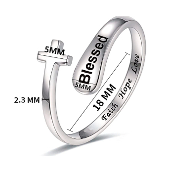 Non-Tarnish Cross & Word Blessed Stainless Steel Open Cuff Ring, Perfect for Daily Party Wear, Stainless Steel Color, Inner Diameter: 18mm