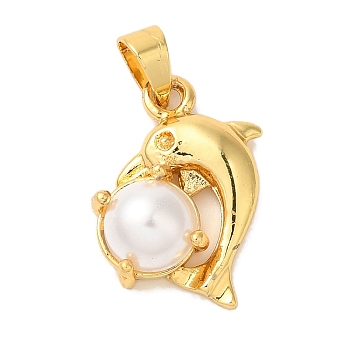 Rack Plating Brass Pendants, Dolphin Charms, Cadmium Free & Lead Free, Long-Lasting Plate, with ABS Imitation Pearl, Real 18K Gold Plated, 18x13x6mm, Hole: 4x5mm