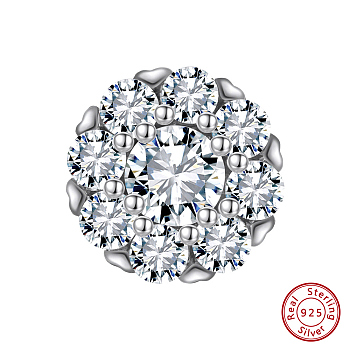 Rhodium Plated 925 Sterling Silver Beads, with Clear Cubic Zirconia, Flat Round, Real Platinum Plated, 11x6mm, Hole: 1.2mm
